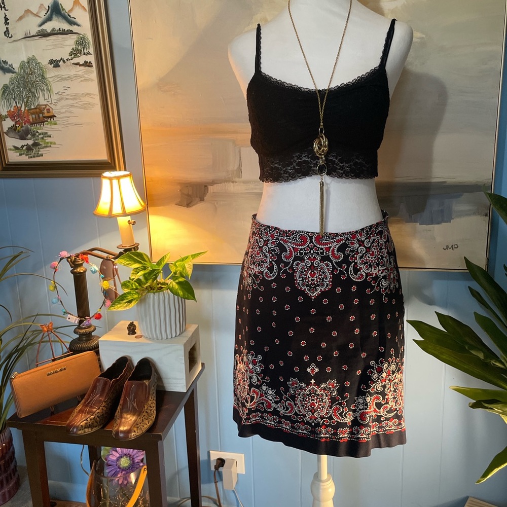 Talbots Black and Red Patterned Mini Skirt